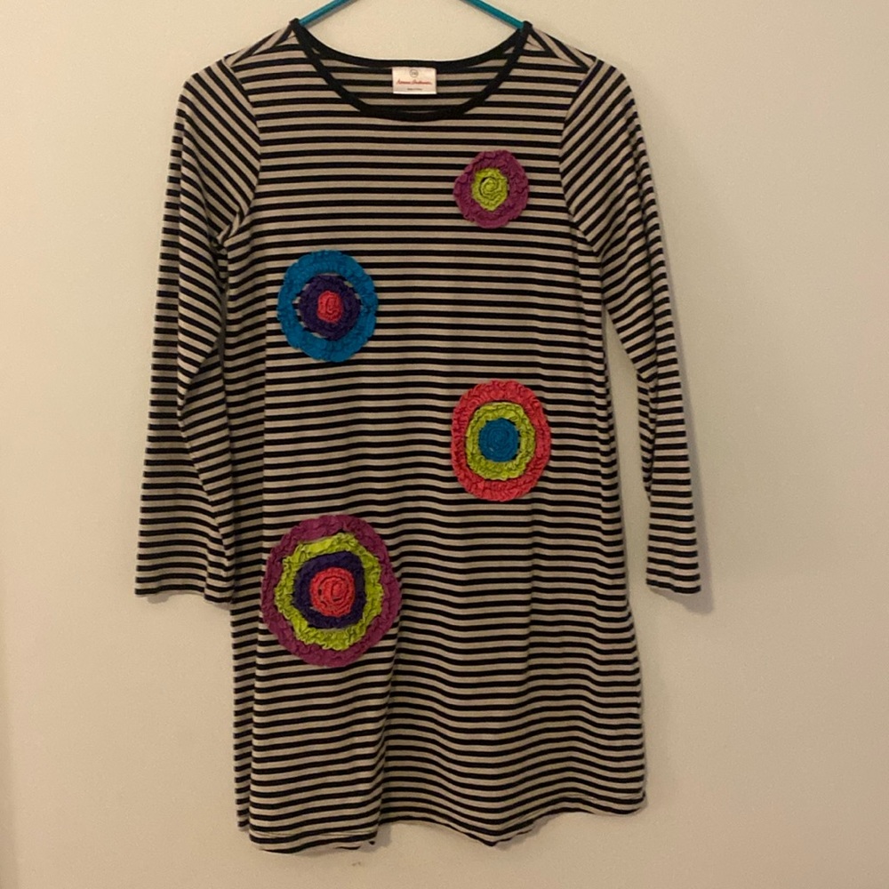 Hanna Andersson size 12 girls dress.Black & gray stripes w/colorful appliqués.